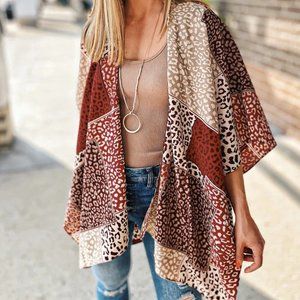 NEW Red Leopard Color Block Patchwork Cheetah Animal Cover Up Open Front Kimono
